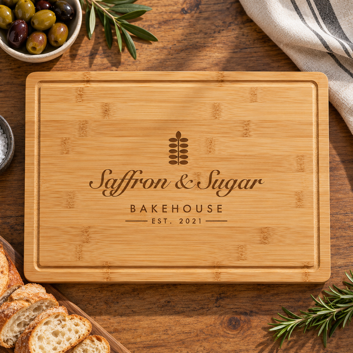A rectangular bamboo cutting board with engraved text reading 'Saffron &amp; Sugar BAKEHOUSE EST. 2021' and a small logo, shown on a wooden tabletop with bread, olives, herbs, and a cloth around it.