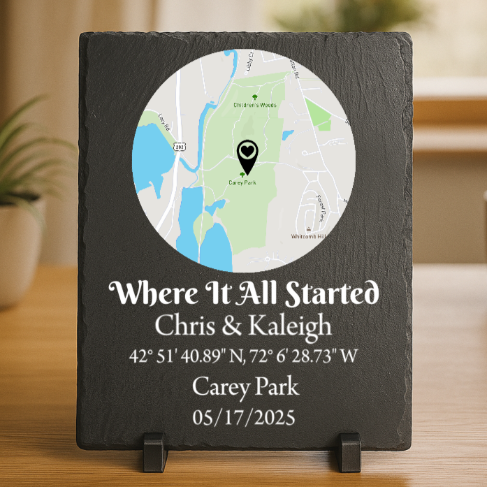 Personalized slate sign with map, names, coordinates, and date – romantic gift for where it all started