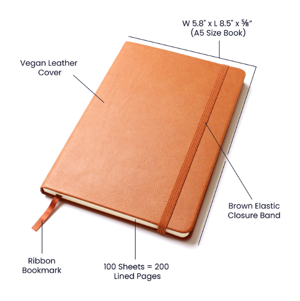 Peach vegan leather notebook with brown elastic closure band, ribbon bookmark, and labeled features showing A5 size dimensions and 200 lined pages