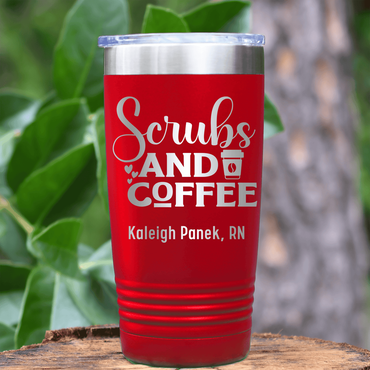 Red Nurse Tumbler With Scrubs And Coffee Design