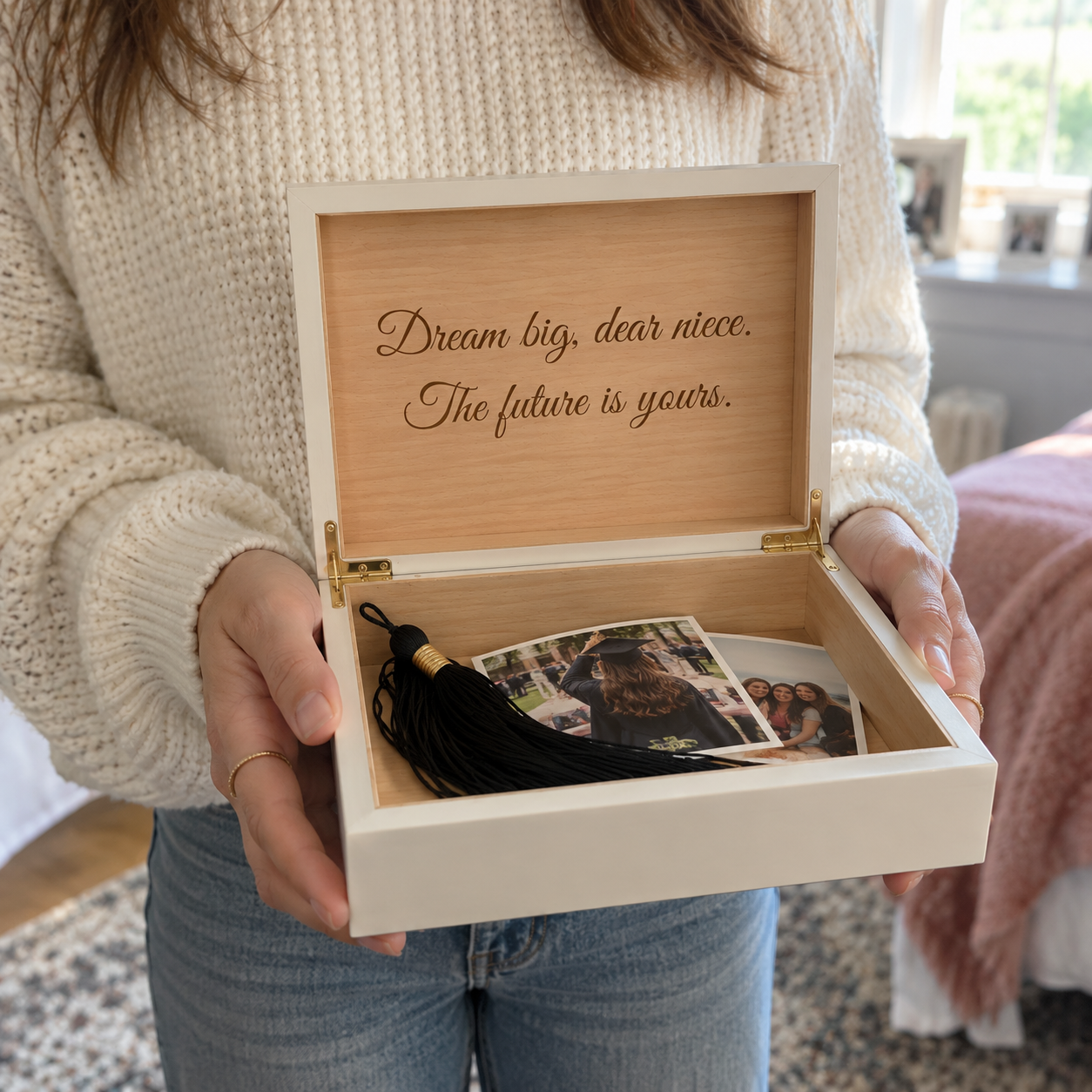 Woman in a cream sweater holding an open white graduation keepsake box with Dream big, dear niece engraved inside the lid, a black tassel and photos inside