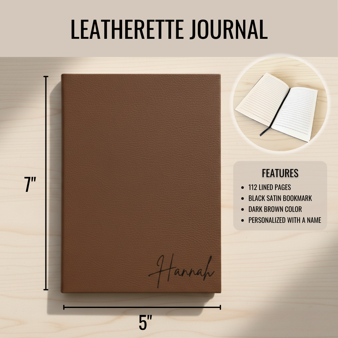 Dark brown leather journal with sample name "Hannah" engraved on lower front cover, shown at 5" wide by 7" tall with interior lined pages visible in circular detail.