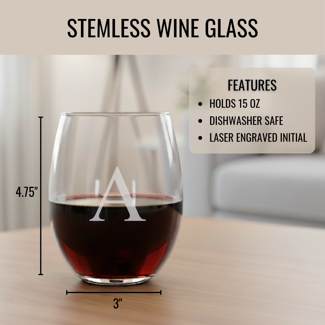 Stemless wine glass filled with red wine, laser-engraved with sample initial "A", measuring 4.75 inches tall and 3 inches wide, holds 15 ounces