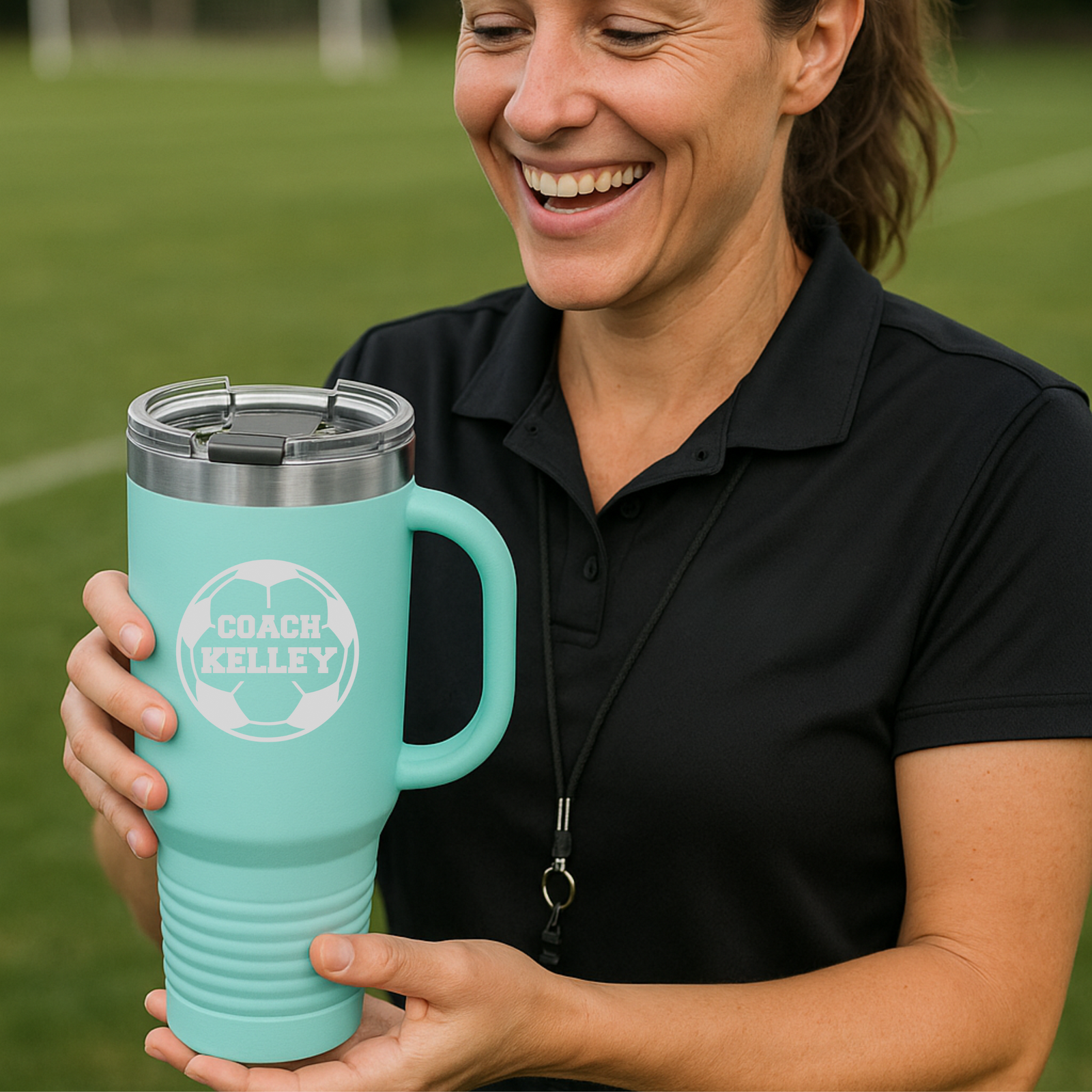 Custom 40 oz soccer coach tumbler with lid and straw in personalized color and name for female coaches