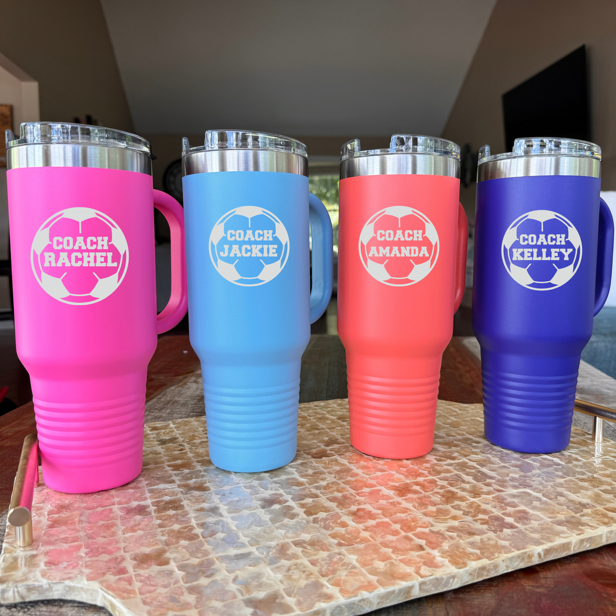 Custom 40 oz soccer coach tumbler with lid and straw in personalized color and name for female coaches