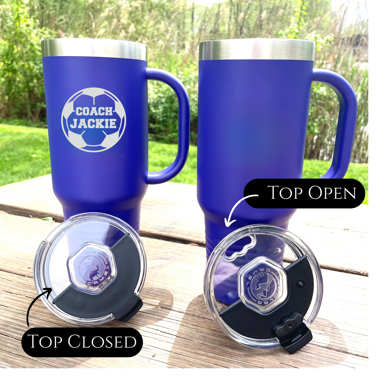 Custom 40 oz soccer coach tumbler with lid and straw in personalized color and name for female coaches