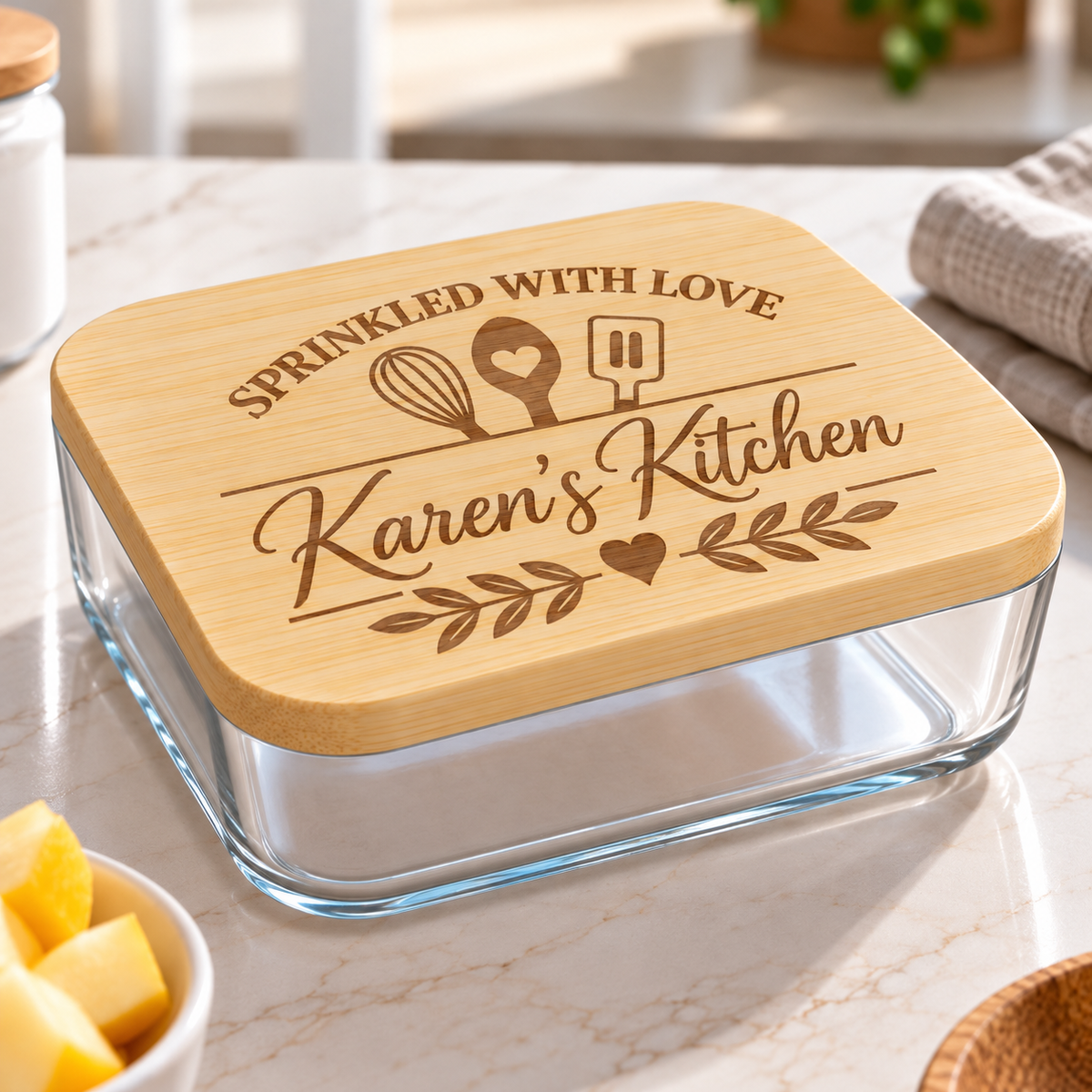 Rectangular glass storage container with a bamboo lid laser engraved Sprinkled With Love Karen's Kitchen, resting on a white marble kitchen counter