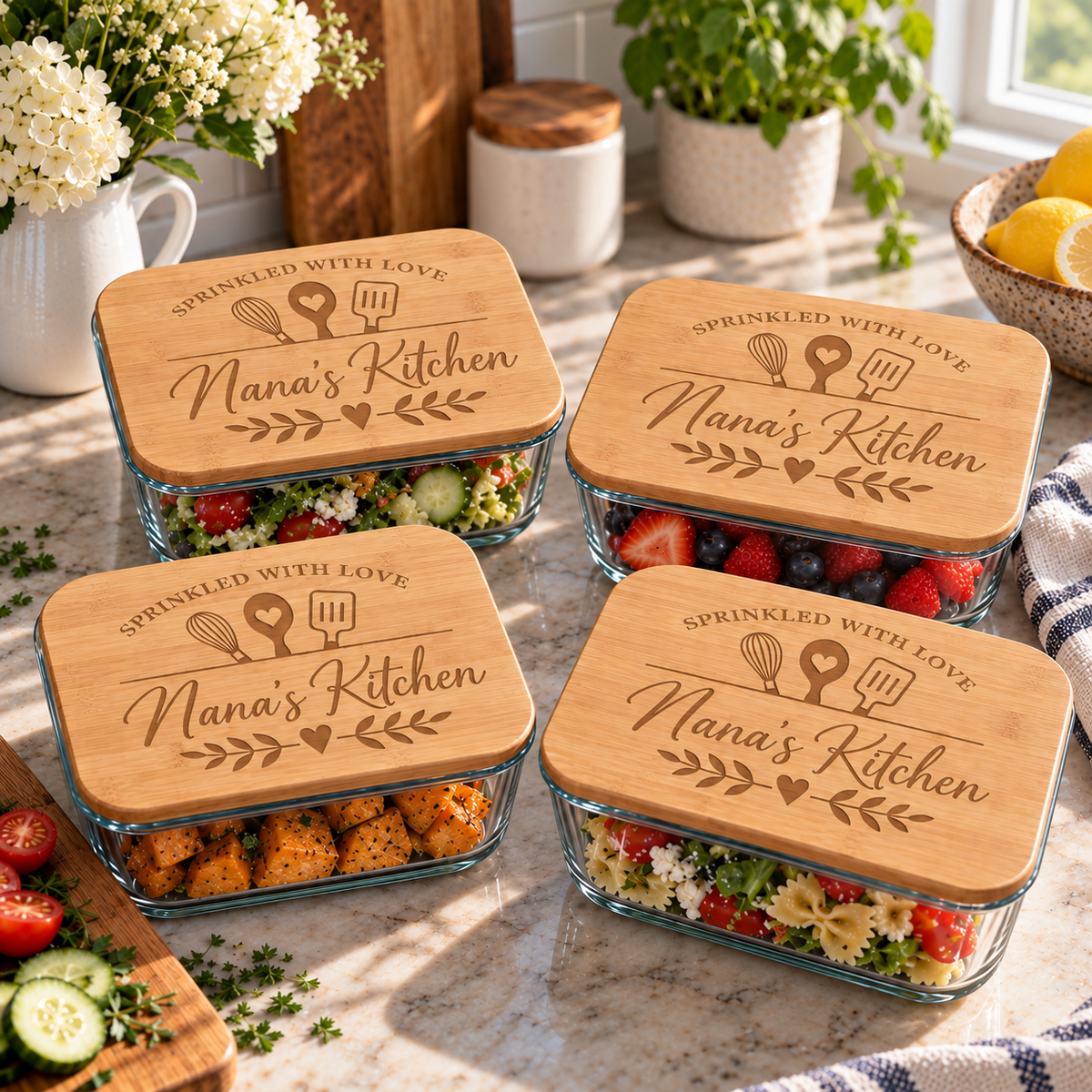 Four clear glass meal prep containers with personalized bamboo lids engraved with 'Nana's Kitchen' and kitchen utensil icons, filled with salads, fruit, and pasta on a kitchen counter.