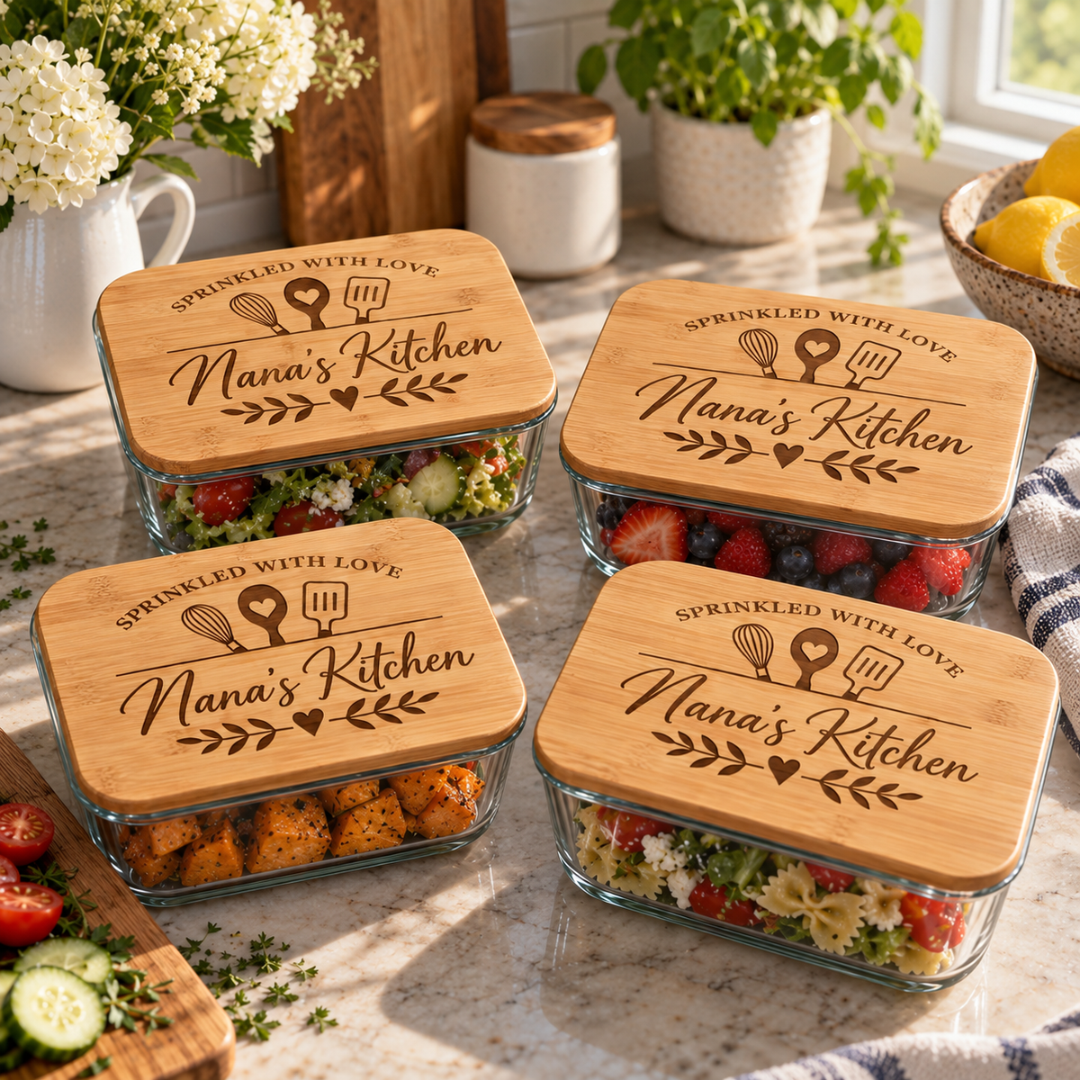 Four clear glass meal prep containers with personalized bamboo lids engraved with 'Nana's Kitchen' and kitchen utensil icons, filled with salads, fruit, and pasta on a kitchen counter.