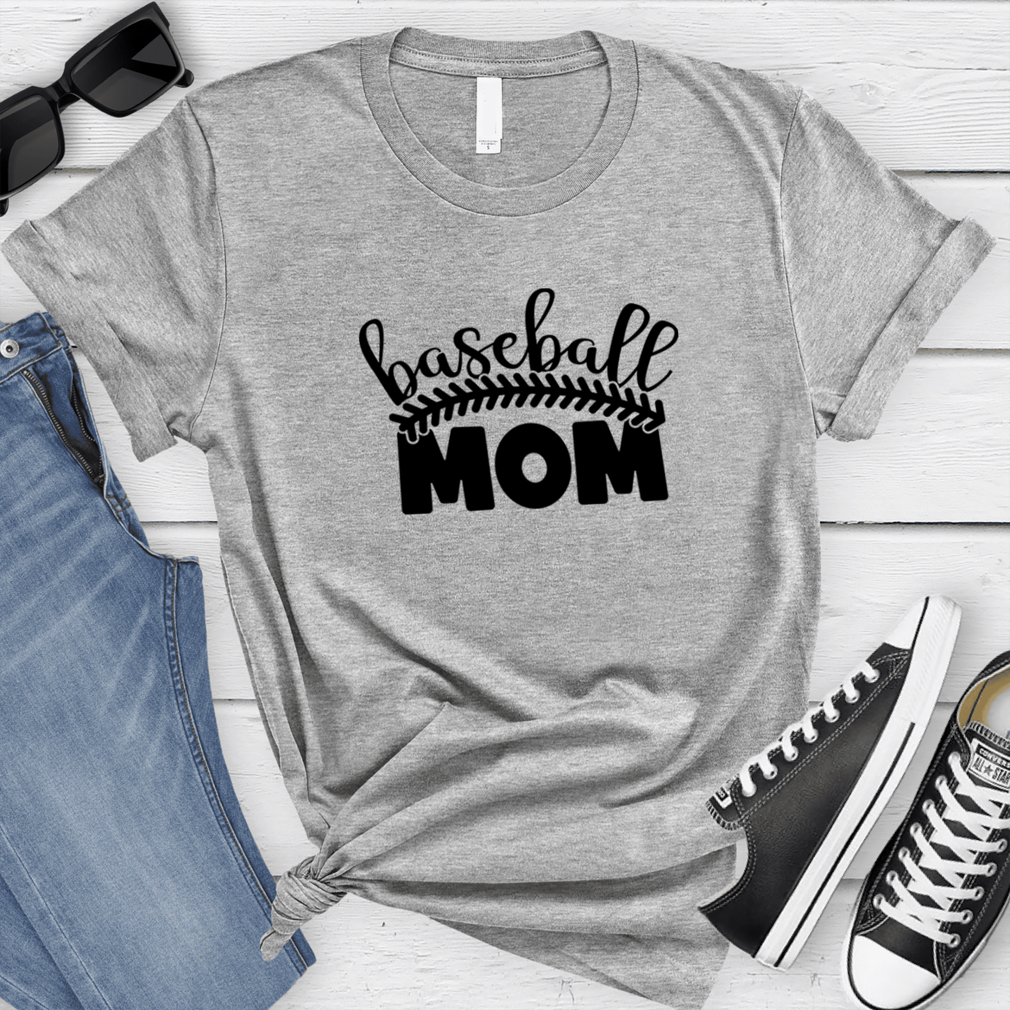 Womens Grey T Shirt with Stitched-Baseball-Mom design