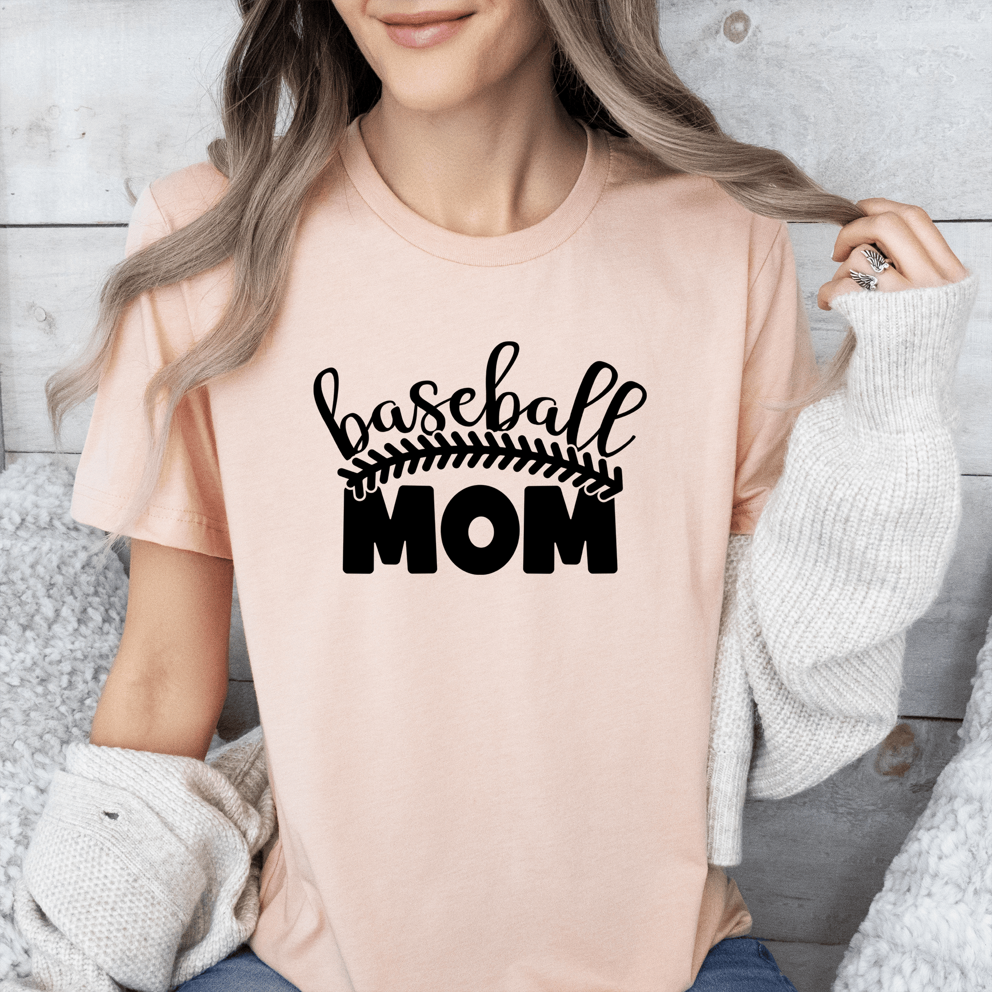 Womens Heather Peach T Shirt with Stitched-Baseball-Mom design
