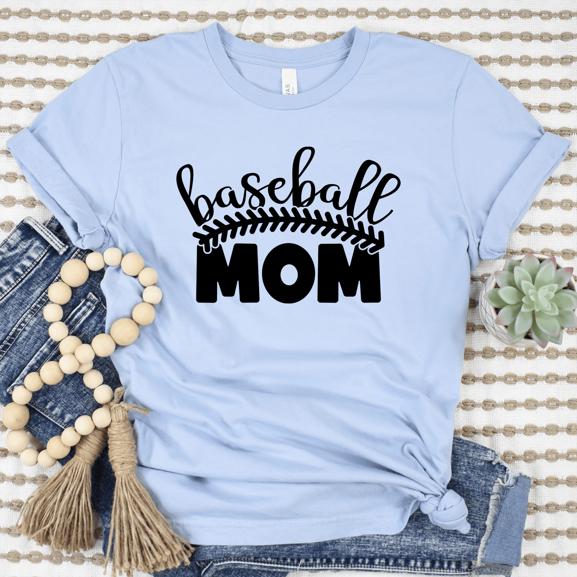 Womens Light Blue T Shirt with Stitched-Baseball-Mom design
