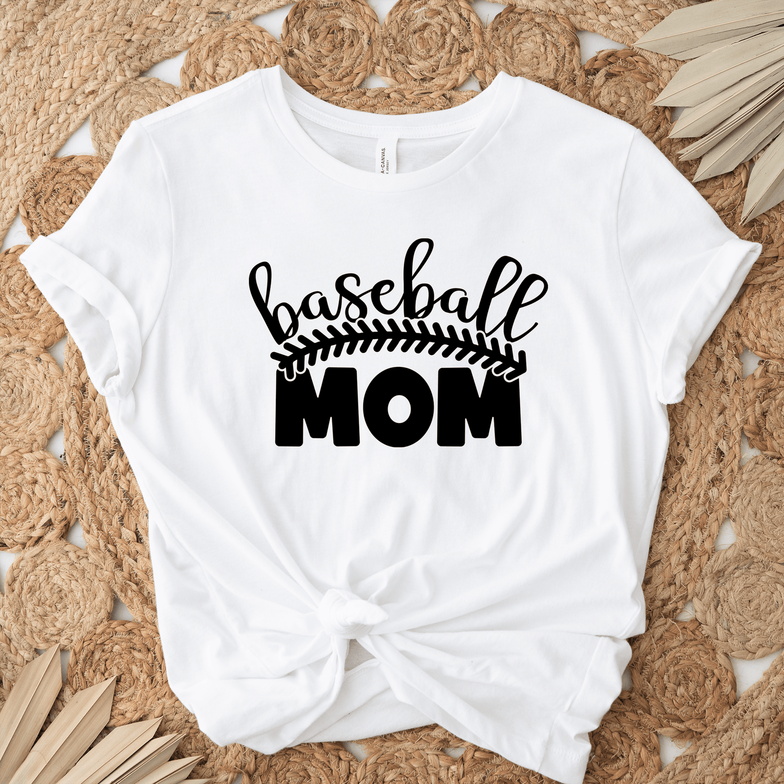 Womens White T Shirt with Stitched-Baseball-Mom design