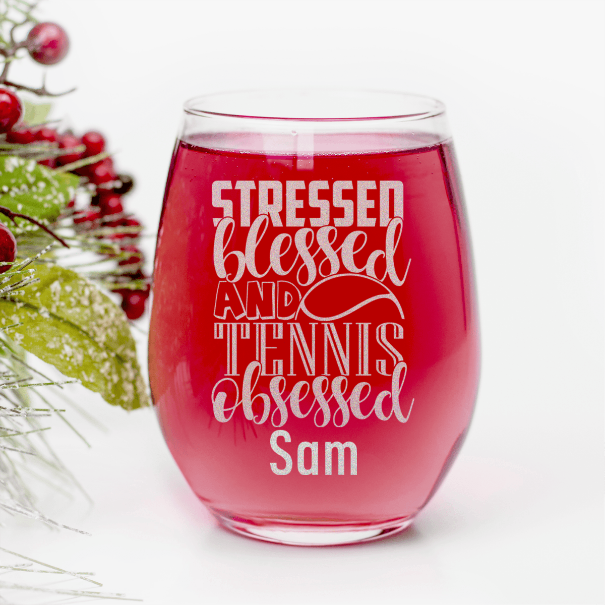 Personalized Stressed Blessed Tennis Stemless Wine Glass for her, Customized Gifts for Women by Groovy Girl Gifts