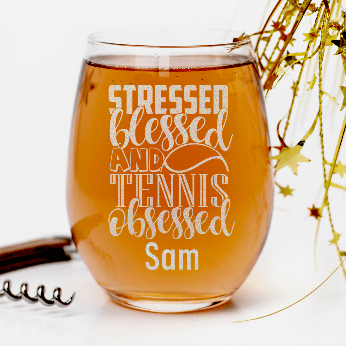 Personalized Stressed Blessed Tennis Stemless Wine Glass for her, Customized Gifts for Women by Groovy Girl Gifts