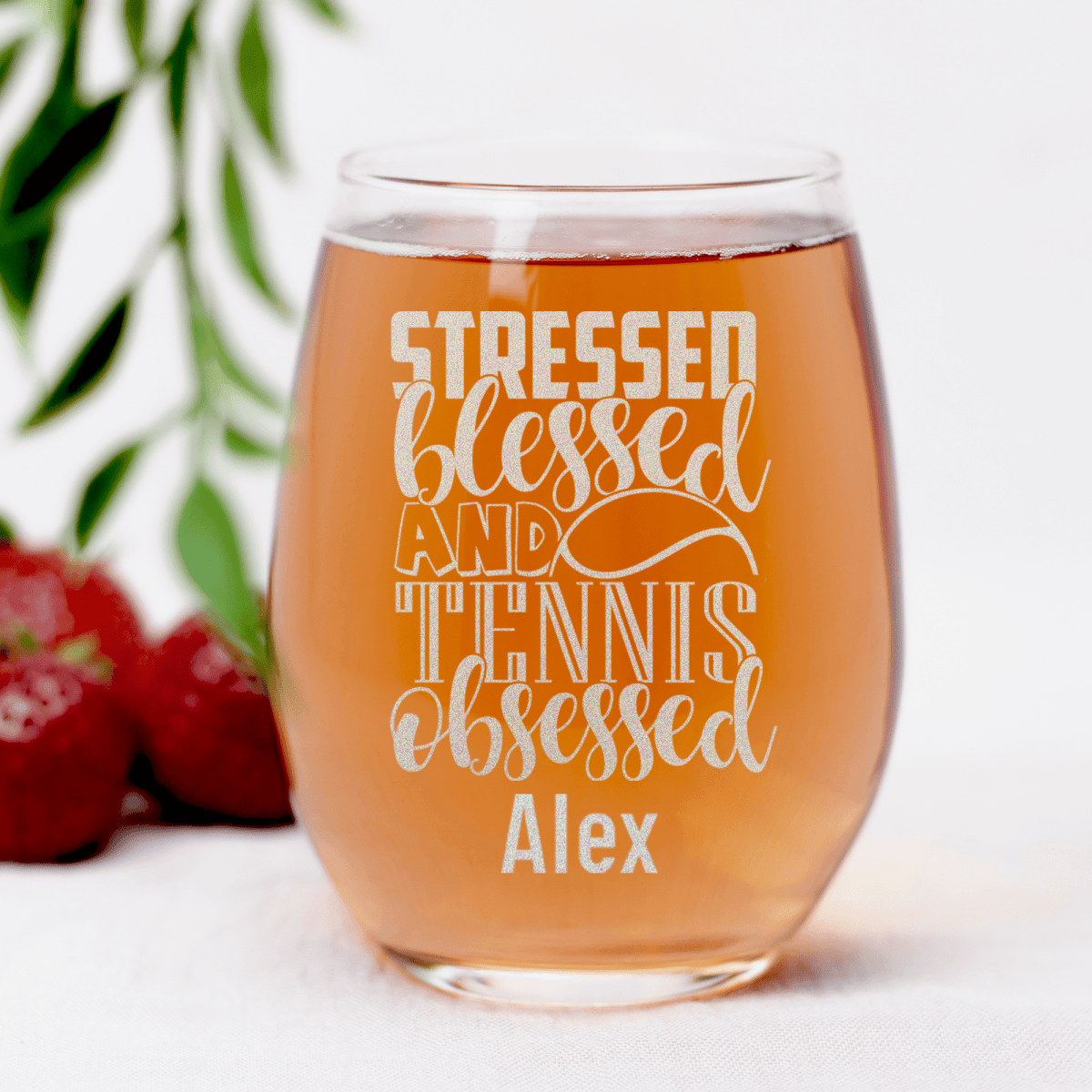 Personalized Stressed Blessed Tennis Stemless Wine Glass for her, Customized Gifts for Women by Groovy Girl Gifts