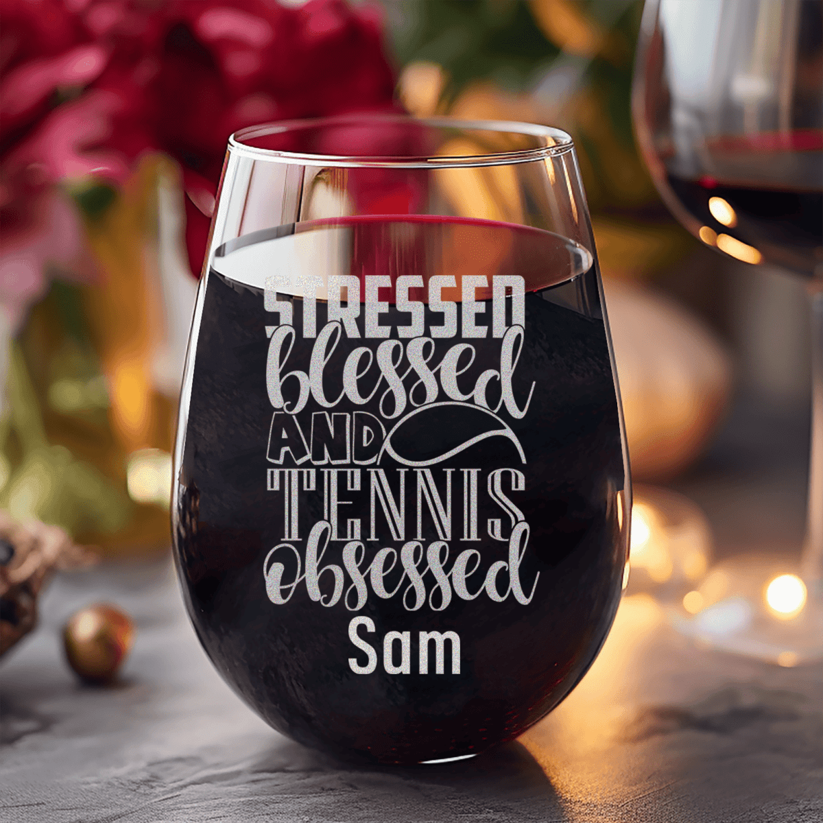 Personalized Stressed Blessed Tennis Stemless Wine Glass for her, Customized Gifts for Women by Groovy Girl Gifts