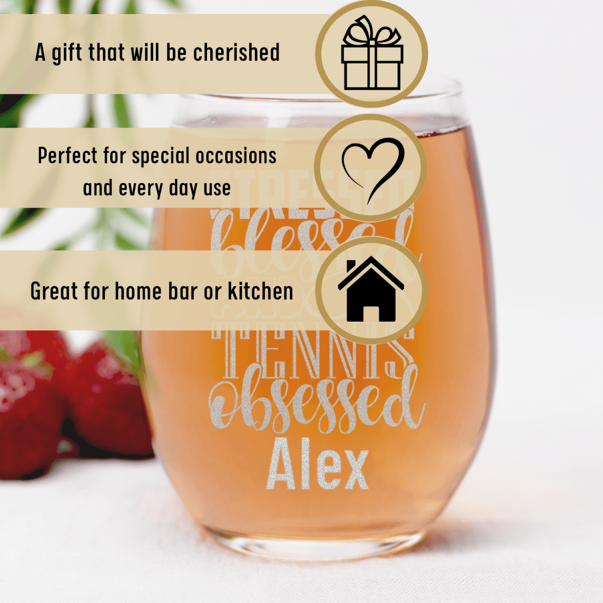 Personalized Stressed Blessed Tennis Stemless Wine Glass for her, Customized Gifts for Women by Groovy Girl Gifts
