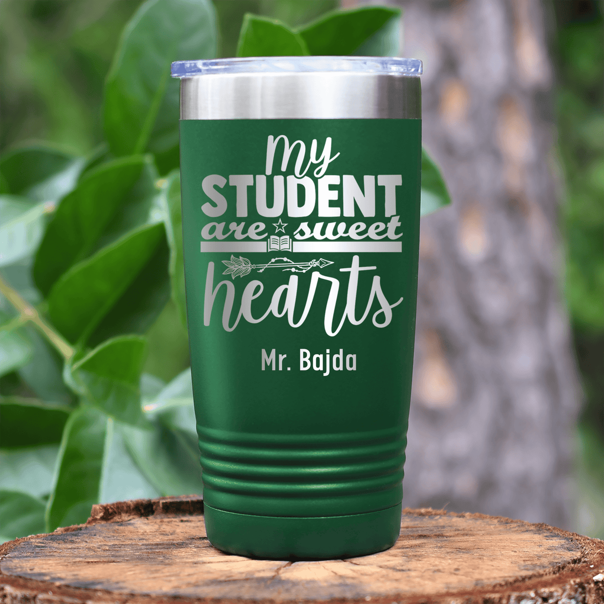 Green Teacher Tumbler With Students Are Sweet Hearts Design