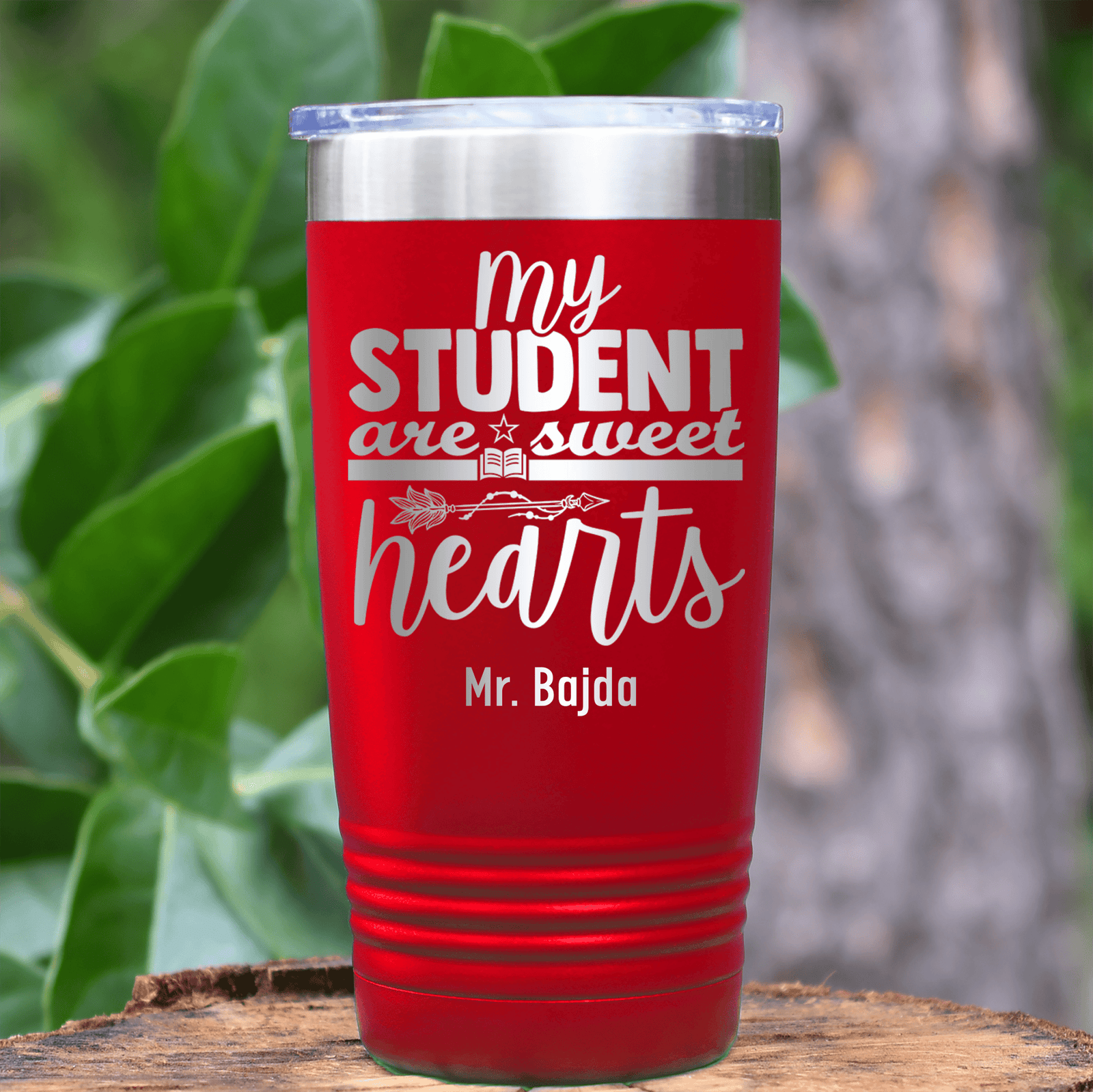 Red Teacher Tumbler With Students Are Sweet Hearts Design