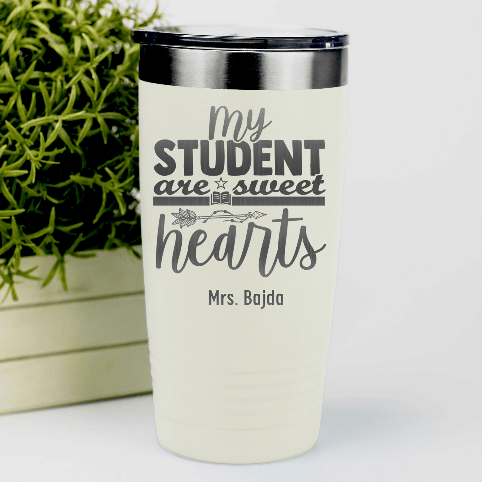 White Teacher Tumbler With Students Are Sweet Hearts Design