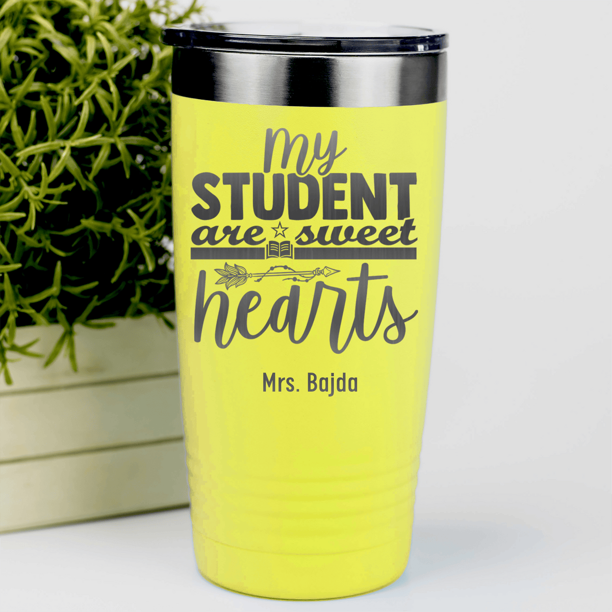 Yellow Teacher Tumbler With Students Are Sweet Hearts Design