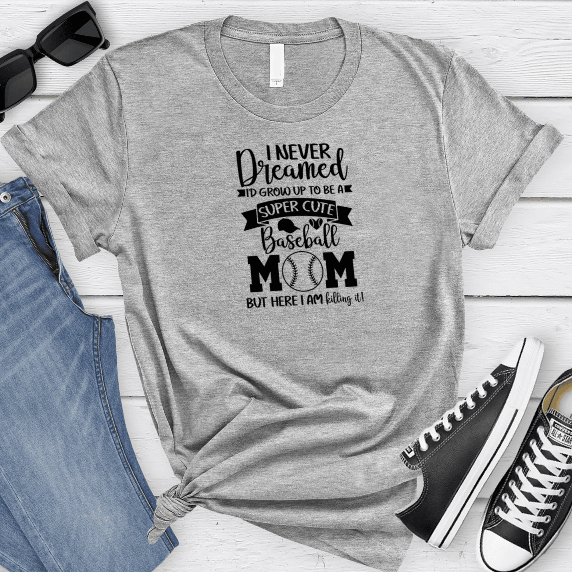 Womens Grey T Shirt with Super-Cute-Baseball-Mom design