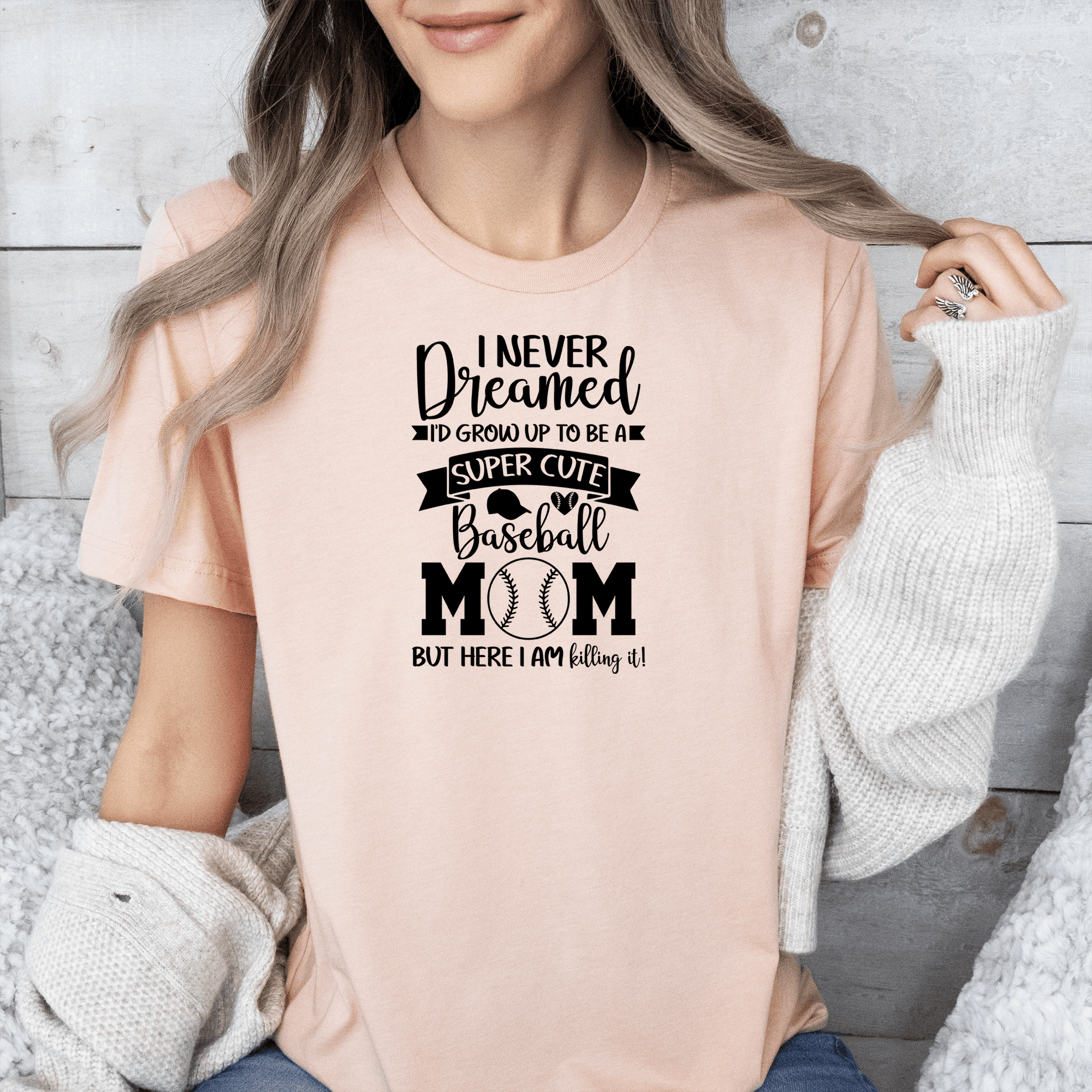 Womens Heather Peach T Shirt with Super-Cute-Baseball-Mom design