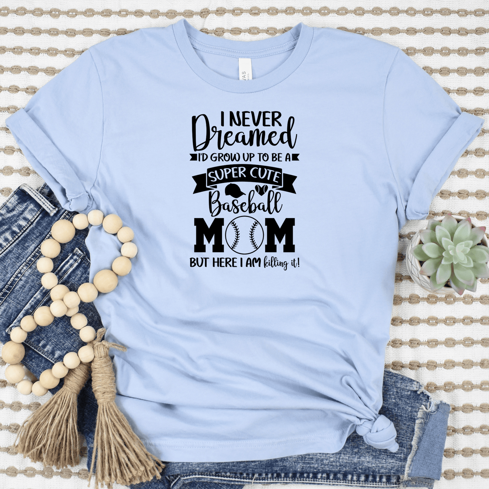 Womens Light Blue T Shirt with Super-Cute-Baseball-Mom design
