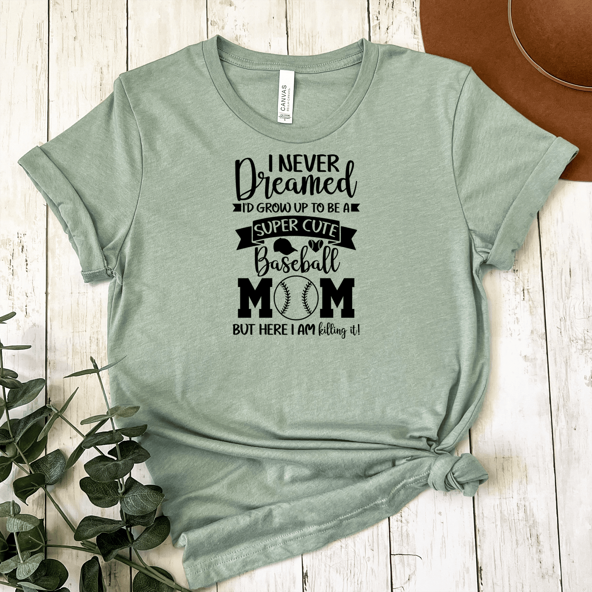 Womens Light Green T Shirt with Super-Cute-Baseball-Mom design