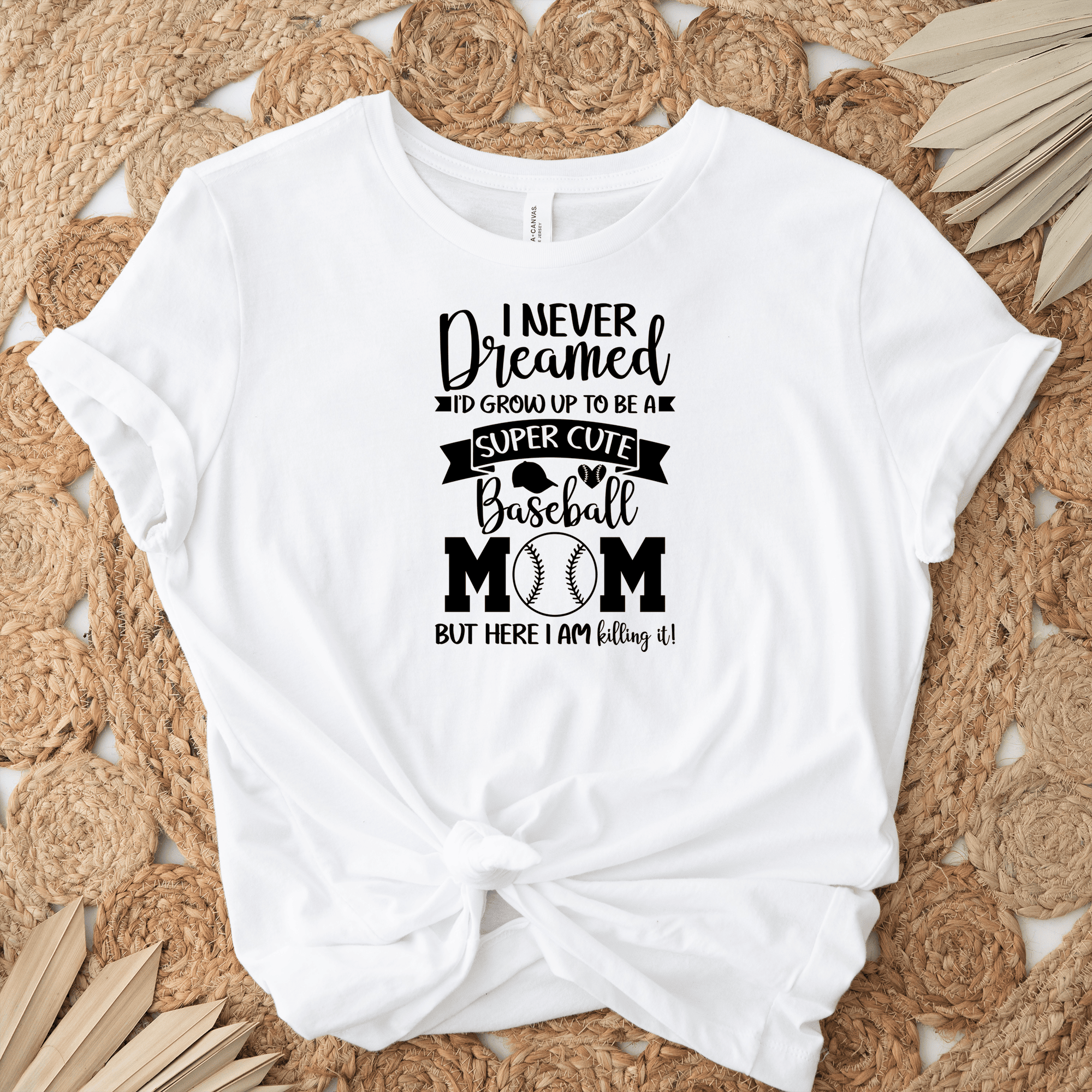 Womens White T Shirt with Super-Cute-Baseball-Mom design
