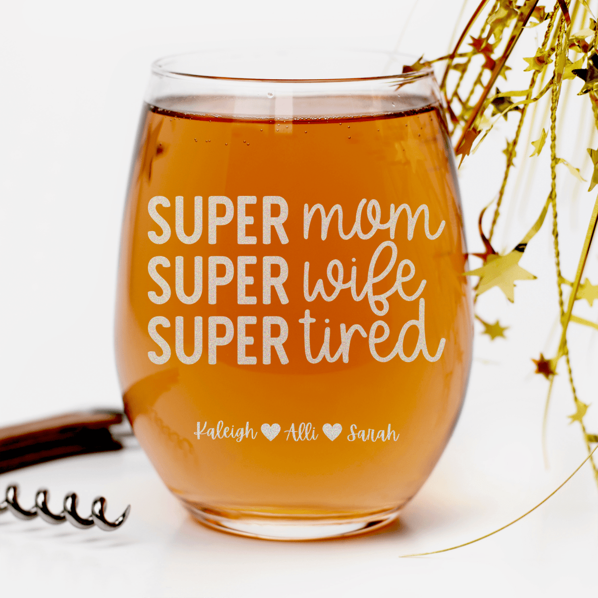 Personalized Super Wife Stemless Wine Glass for her, Customized Gifts for Women by Groovy Girl Gifts