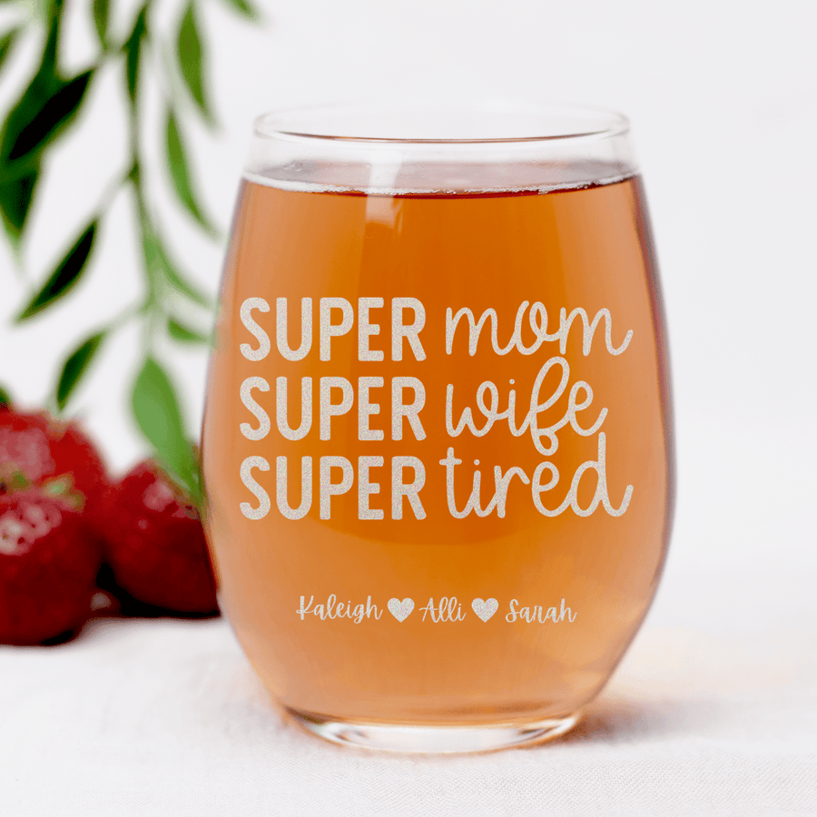 Personalized Super Wife Stemless Wine Glass for her, Customized Gifts for Women by Groovy Girl Gifts