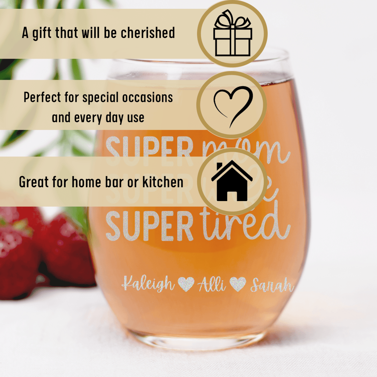 Personalized Super Wife Stemless Wine Glass for her, Customized Gifts for Women by Groovy Girl Gifts