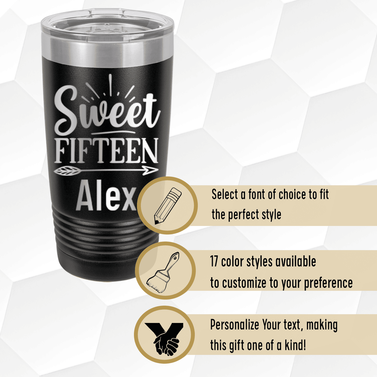 Personalized Sweet Fifteen Tumbler for her, Customized Gifts for Women by Groovy Girl Gifts