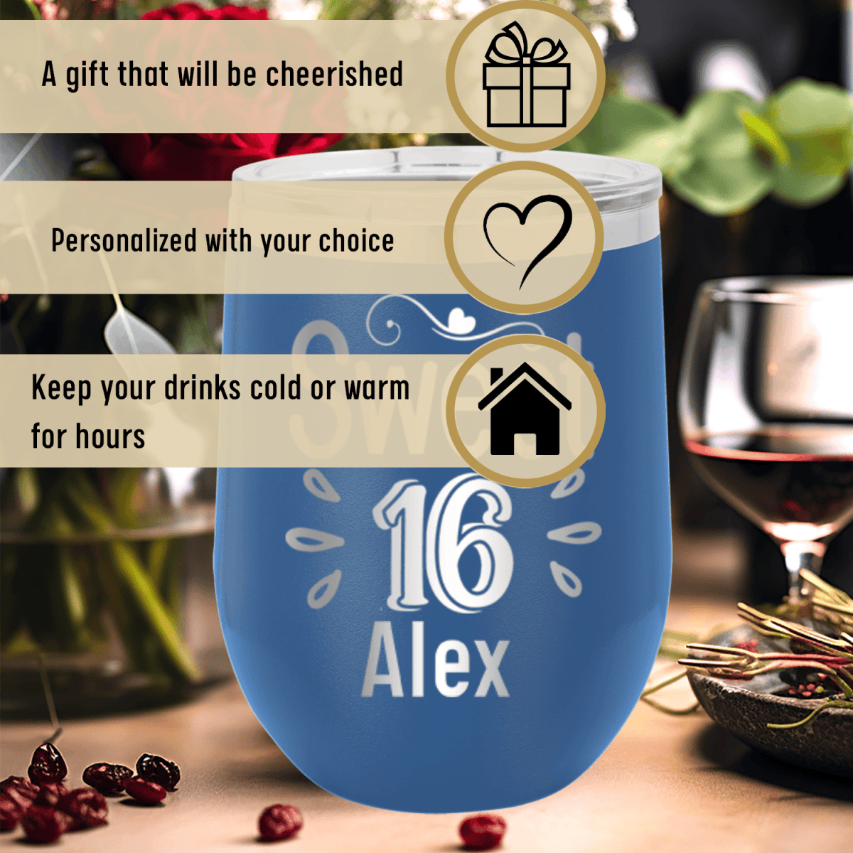 Personalized Sweet Sixteen Wine Tumbler for her, Customized Gifts for Women by Groovy Girl Gifts