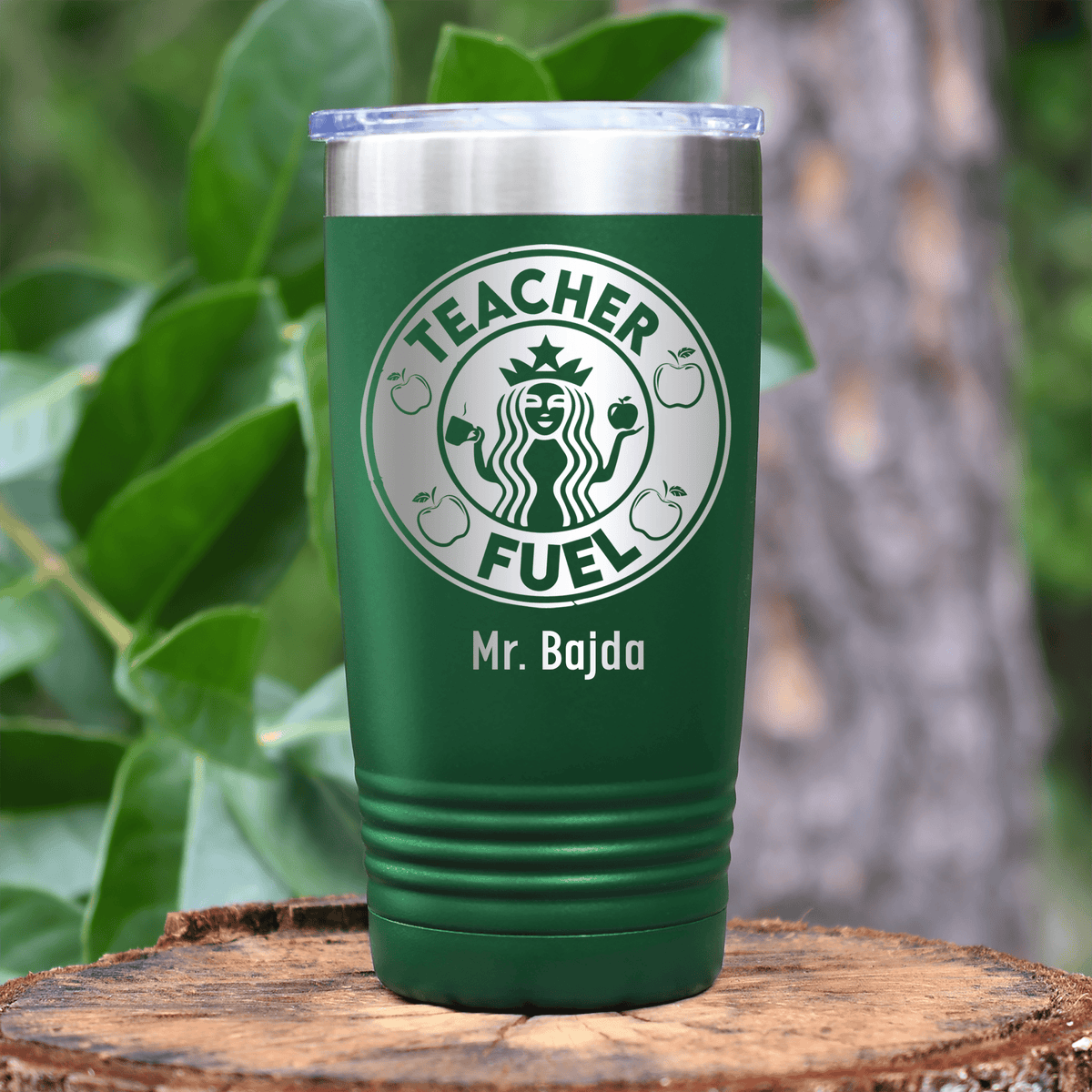 Green Teacher Tumbler With Teacher Fuel Logo Design