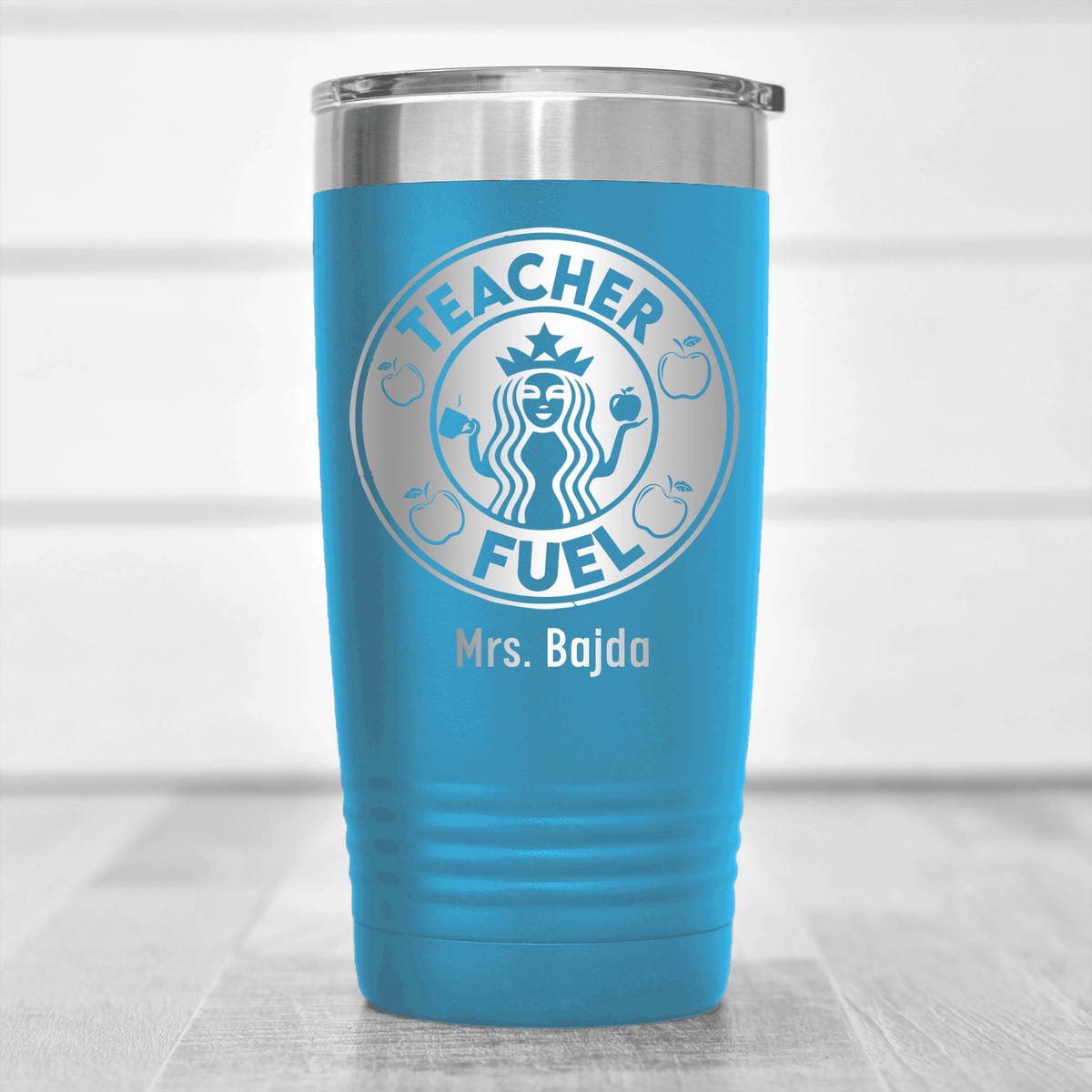 Light Blue Teacher Tumbler With Teacher Fuel Logo Design