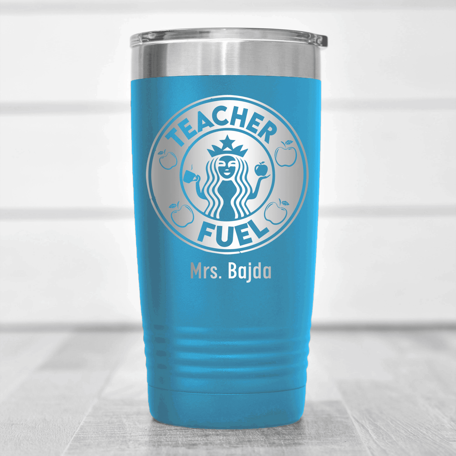 Light Blue Teacher Tumbler With Teacher Fuel Logo Design