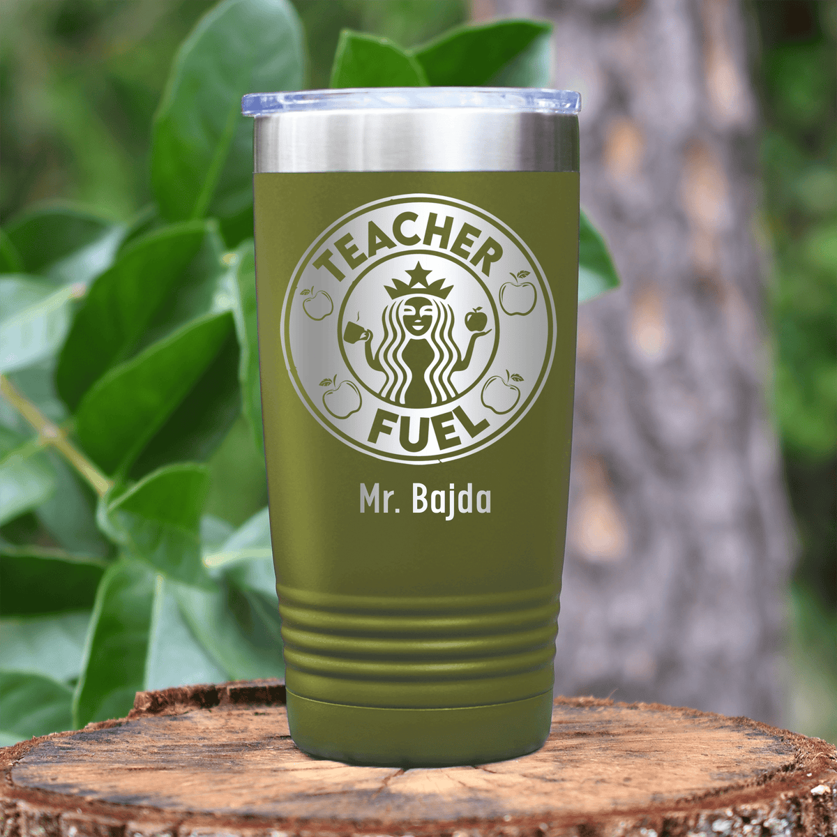 Military Green Teacher Tumbler With Teacher Fuel Logo Design