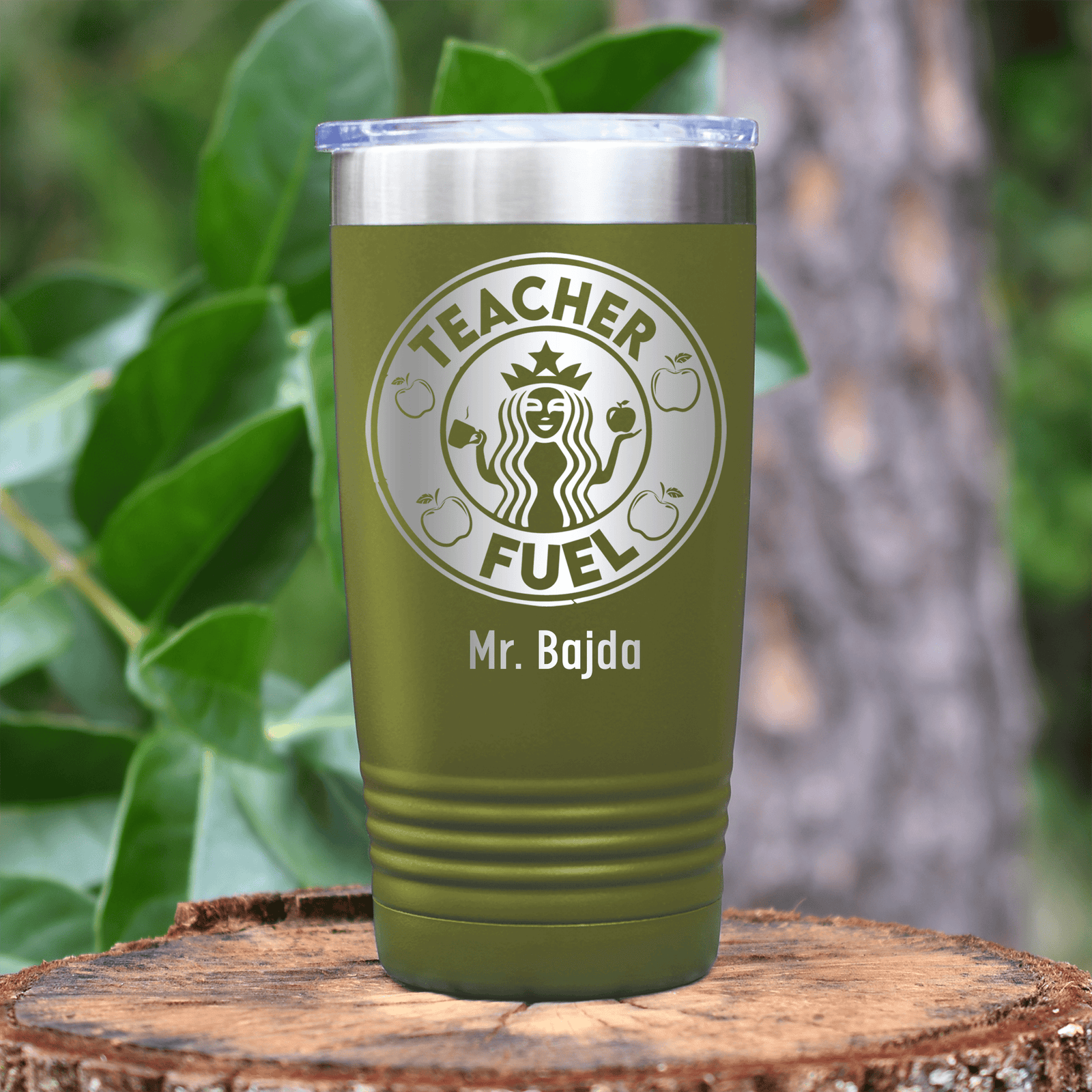 Military Green Teacher Tumbler With Teacher Fuel Logo Design