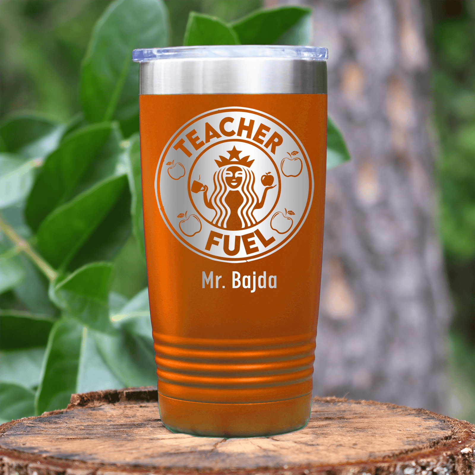 Orange Teacher Tumbler With Teacher Fuel Logo Design