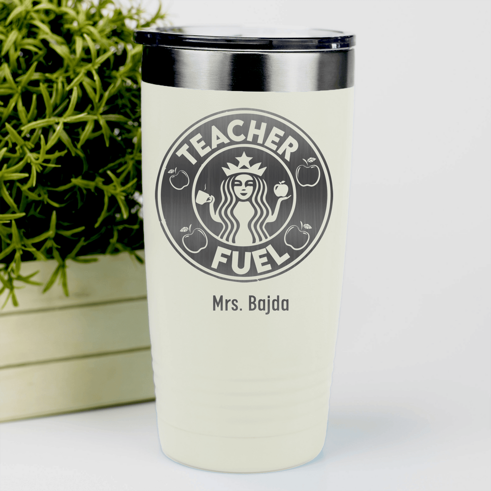 White Teacher Tumbler With Teacher Fuel Logo Design