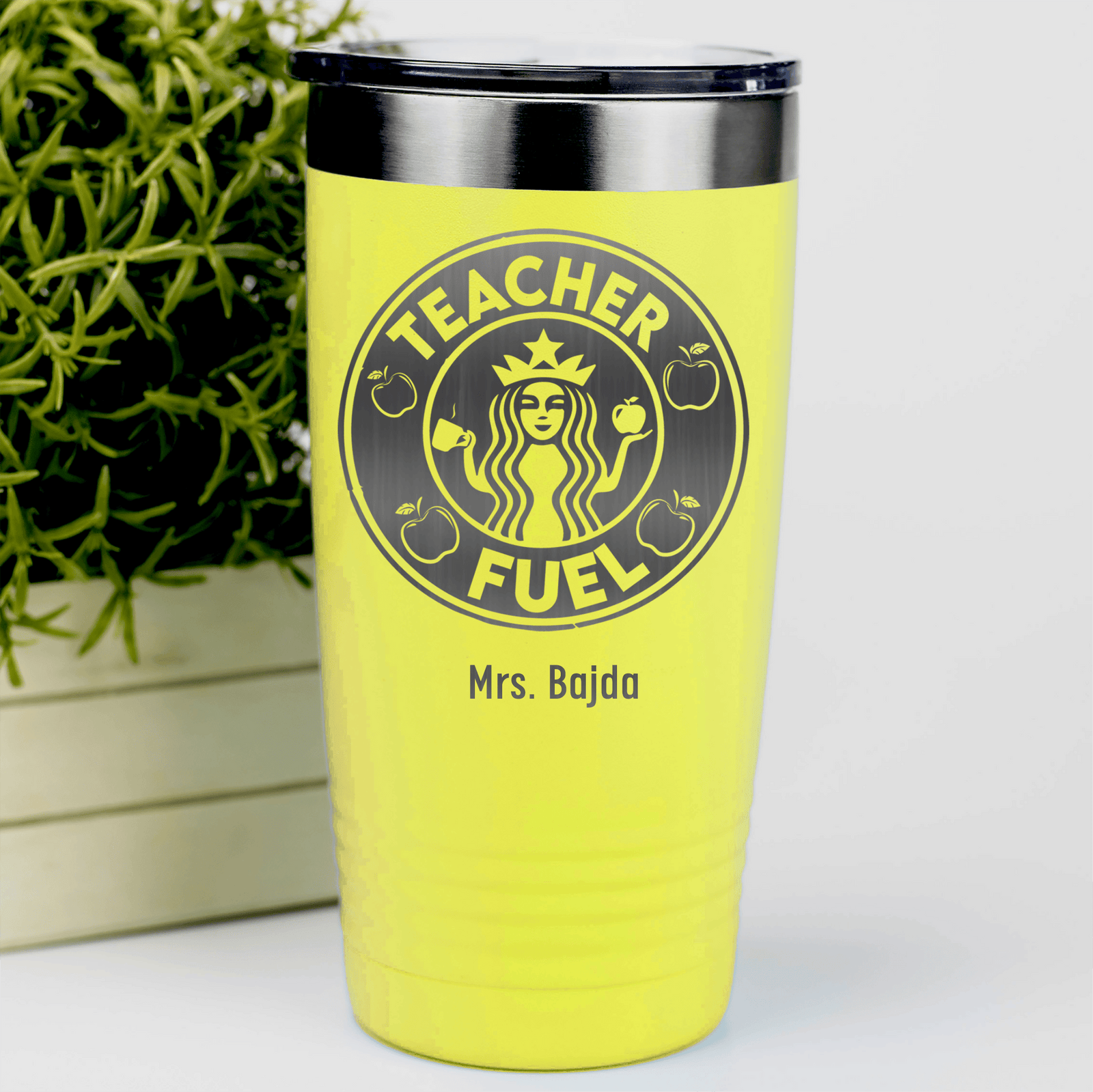 Yellow Teacher Tumbler With Teacher Fuel Logo Design