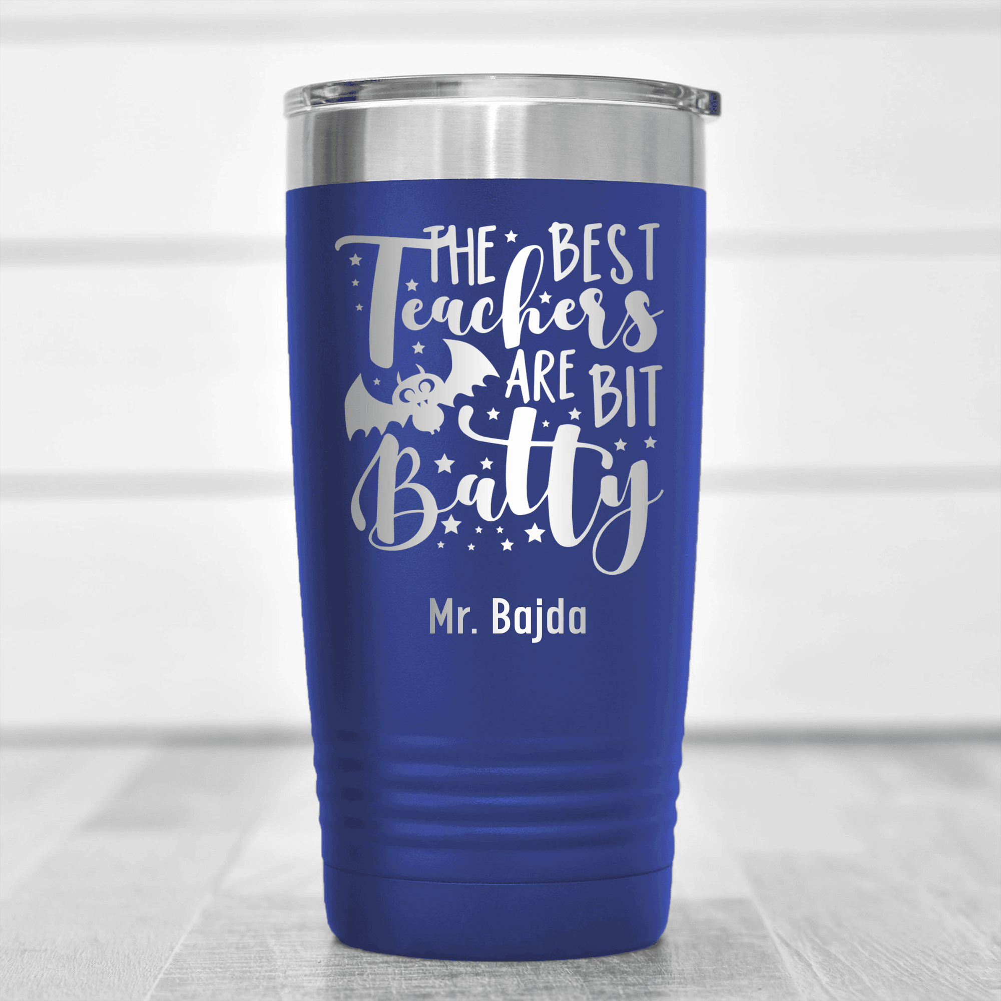 Blue Teacher Tumbler With Teachers Are Batty Design