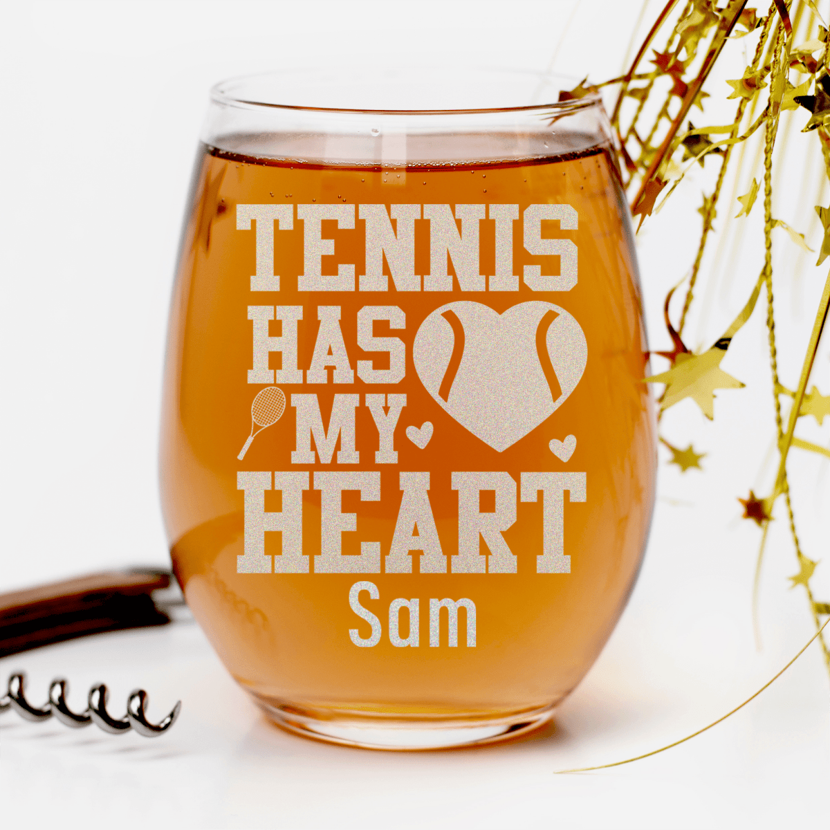 Personalized Tennis Has My Heart Stemless Wine Glass for her, Customized Gifts for Women by Groovy Girl Gifts