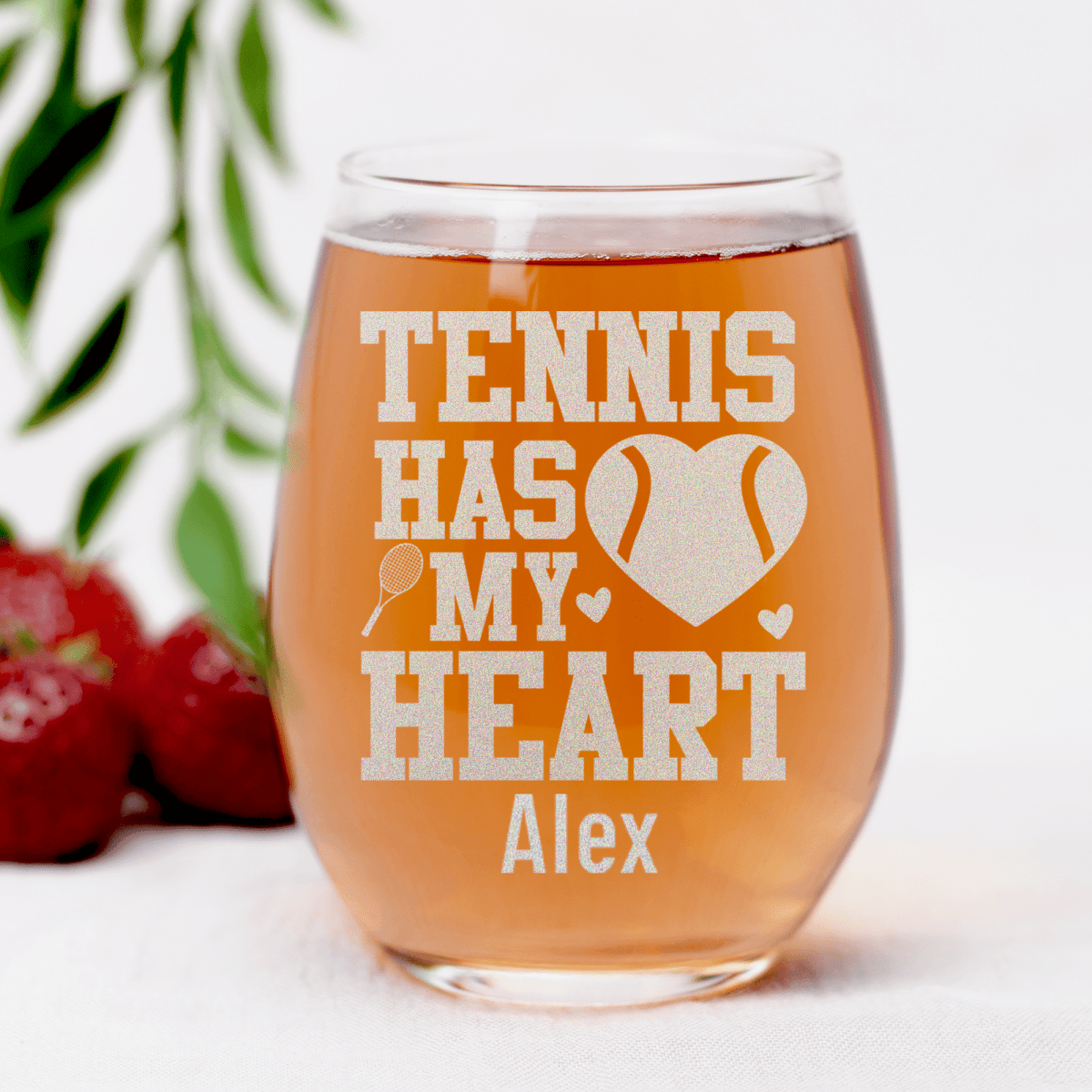 Personalized Tennis Has My Heart Stemless Wine Glass for her, Customized Gifts for Women by Groovy Girl Gifts