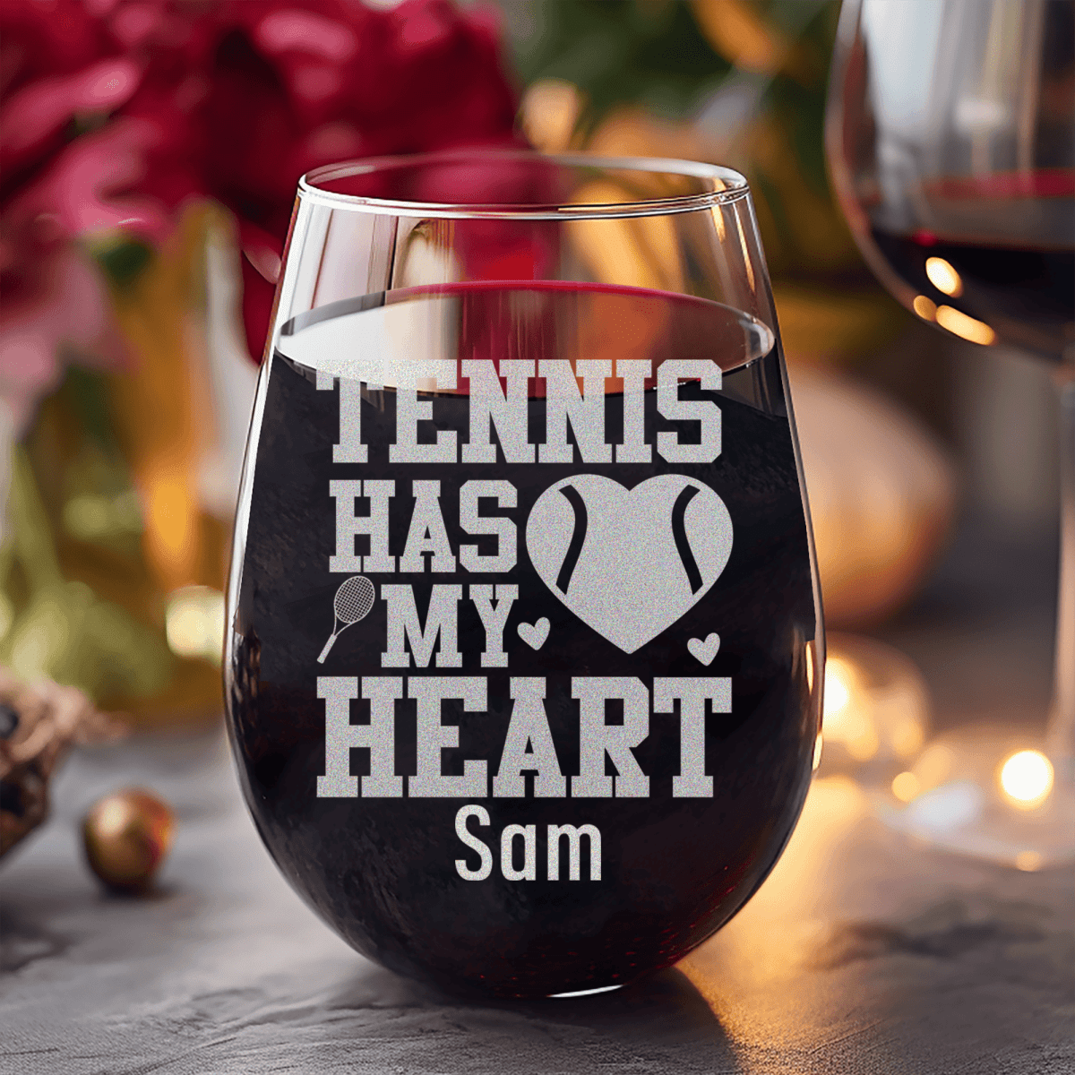 Personalized Tennis Has My Heart Stemless Wine Glass for her, Customized Gifts for Women by Groovy Girl Gifts
