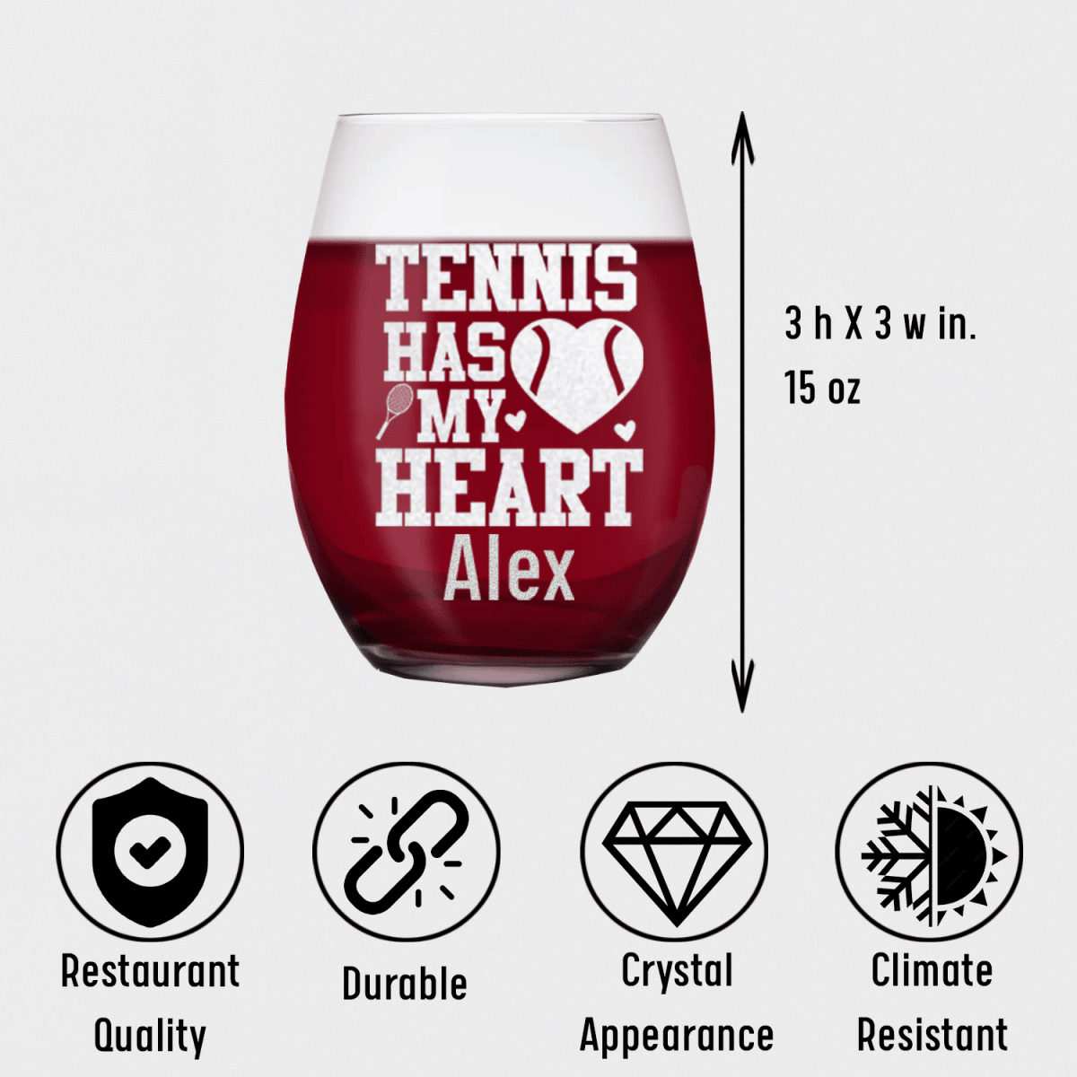 Personalized Tennis Has My Heart Stemless Wine Glass for her, Customized Gifts for Women by Groovy Girl Gifts
