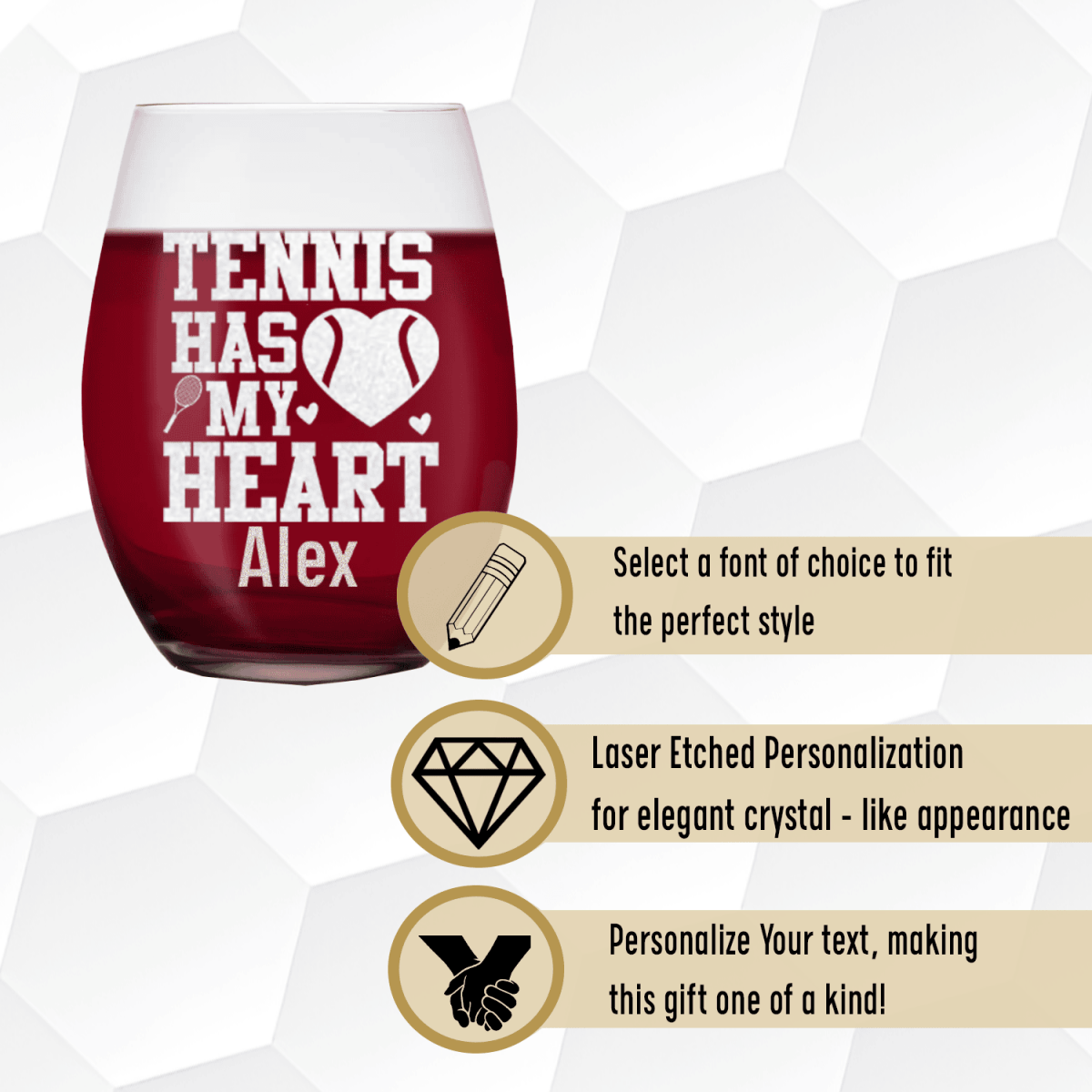 Personalized Tennis Has My Heart Stemless Wine Glass for her, Customized Gifts for Women by Groovy Girl Gifts